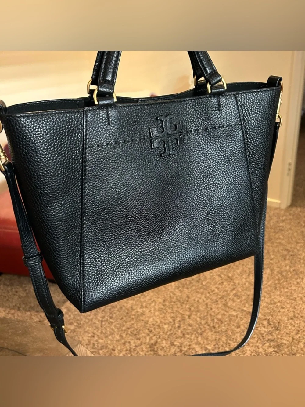 Tory Burch McGraw Black Pebbled Leather Carryall Tote Bag with Matching Wallet